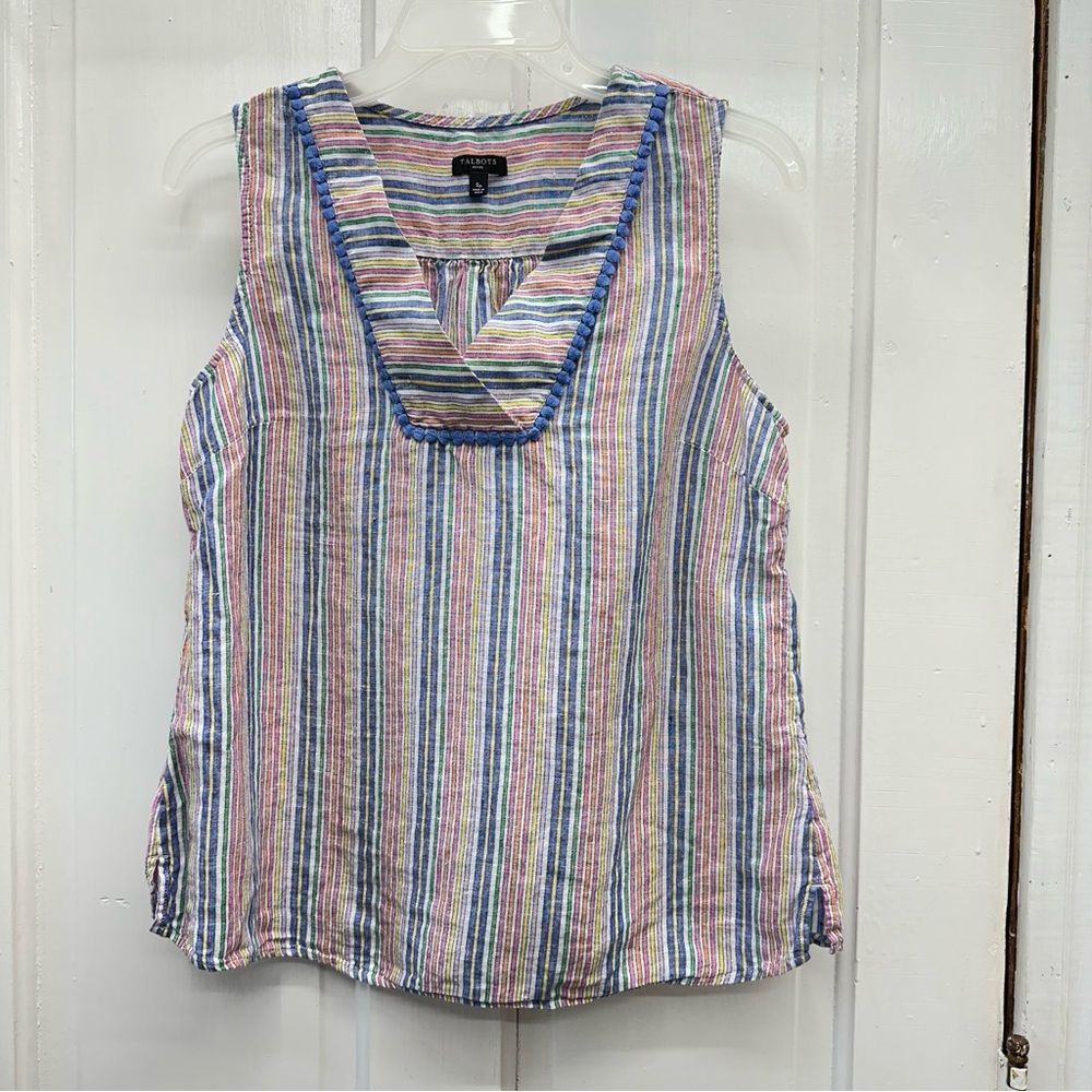 Talbots linen sleeveless v neck lightweight rainbow stripe‎ shirt women's small